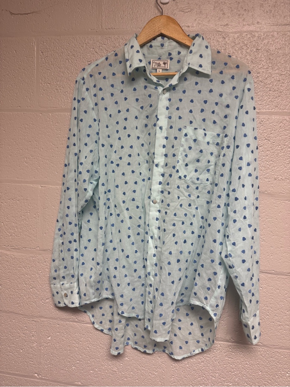 Mille Sofia - Light Blue Heart-Print Button-Front Shirt